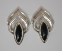 Mexico 925 Sterling Silver Black Onyx Inlay Scalloped Clip-on Earrings - £39.95 GBP