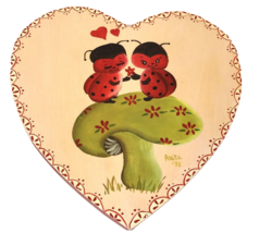 Vintage 70s Lady Bugs Mushroom Heart Wood Anthromorphic Hand Painted plaque love - £23.66 GBP