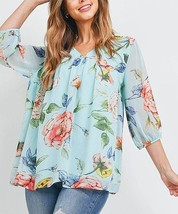 $51 Perfect Peach Mint Floral Puff-Sleeve V-Neck Top Size Medium NWOT - £10.22 GBP