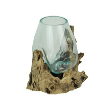 Zeckos Glass On Teak Driftwood Hand Sculpted Molten Bowl Plant Terrarium - $98.00