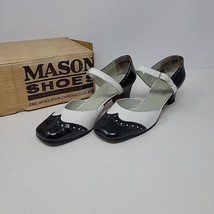 Vintage MASON Shoe Black &amp; White Patent Leather Block Heels Size 6B 1969 Italy - £35.99 GBP