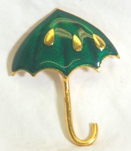 Green Enamel Umbrella Brooch Pin Gold Metal Raindrops Vintage i - £11.89 GBP
