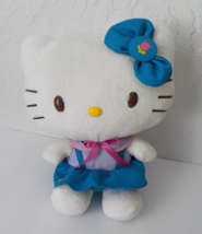 2015 Sanrio Hello Kitty Cat Plush White Blue Tulip Bow and Dress 10&quot; Sit... - £11.62 GBP