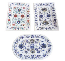 Set of 3 White Marble Plate Tray Real Gem Marquetry Floral Inlay Kitchen... - £361.36 GBP