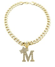 King &amp; Queen Initial Letter M Crystals Pendant Gold-tone Cuban Chain Necklace - £20.14 GBP