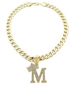 King &amp; Queen Initial Letter M Crystals Pendant Gold-tone Cuban Chain Nec... - £19.97 GBP