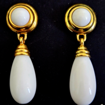 Monet Vintage Clip On Gold Tone White Glass Dangle Drop Earrings - $27.71