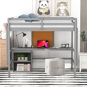 Twin Loft Bed With Desk And Writing Board - Cabinet Included - Wood Loft... - $594.99
