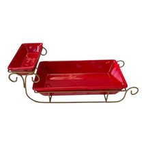 Gold Metal Christmas Sleigh with Two Red Ceramic Gift Trays – Holiday Serving Se - $897.31 MXN