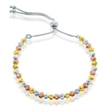 Tri-color Sterling Silver Round Diamond-Cut Moon Beads Adjustable Bolo Bracelet - £53.14 GBP