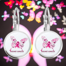 Earrings Pink Ribbon Butterfly Thanks For The Support Breast Cancer Hope Silver - £11.21 GBP