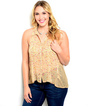 Zenobia Ladies Sheer Floral Button Shirt Plunging-Sides Tan Plus Size 3X - £19.58 GBP