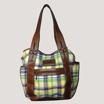 American Living Plaid Canvas Faux Leather Tote Bag  Multiple Pockets - £14.46 GBP