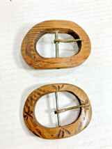 2 BoHo Wooden Belt Buckles Carved Unisex Handmade Wood Vintage 80s - £11.98 GBP