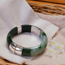 Burmese Hinged Jade Bangle Dark Green Light Green Silver Cover Natural 57.3 mm - £182.63 GBP