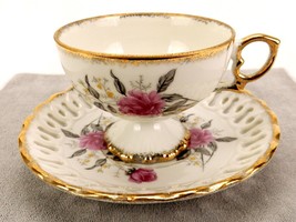 Footed Tea Cup Saucer Set, Vintage Norcrest Fine China, Hand Painted Roses - £11.52 GBP