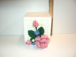 Handmade Tissue Box Holder White Needlepoint Mauve Roses, Blue, Yellow V... - £22.42 GBP
