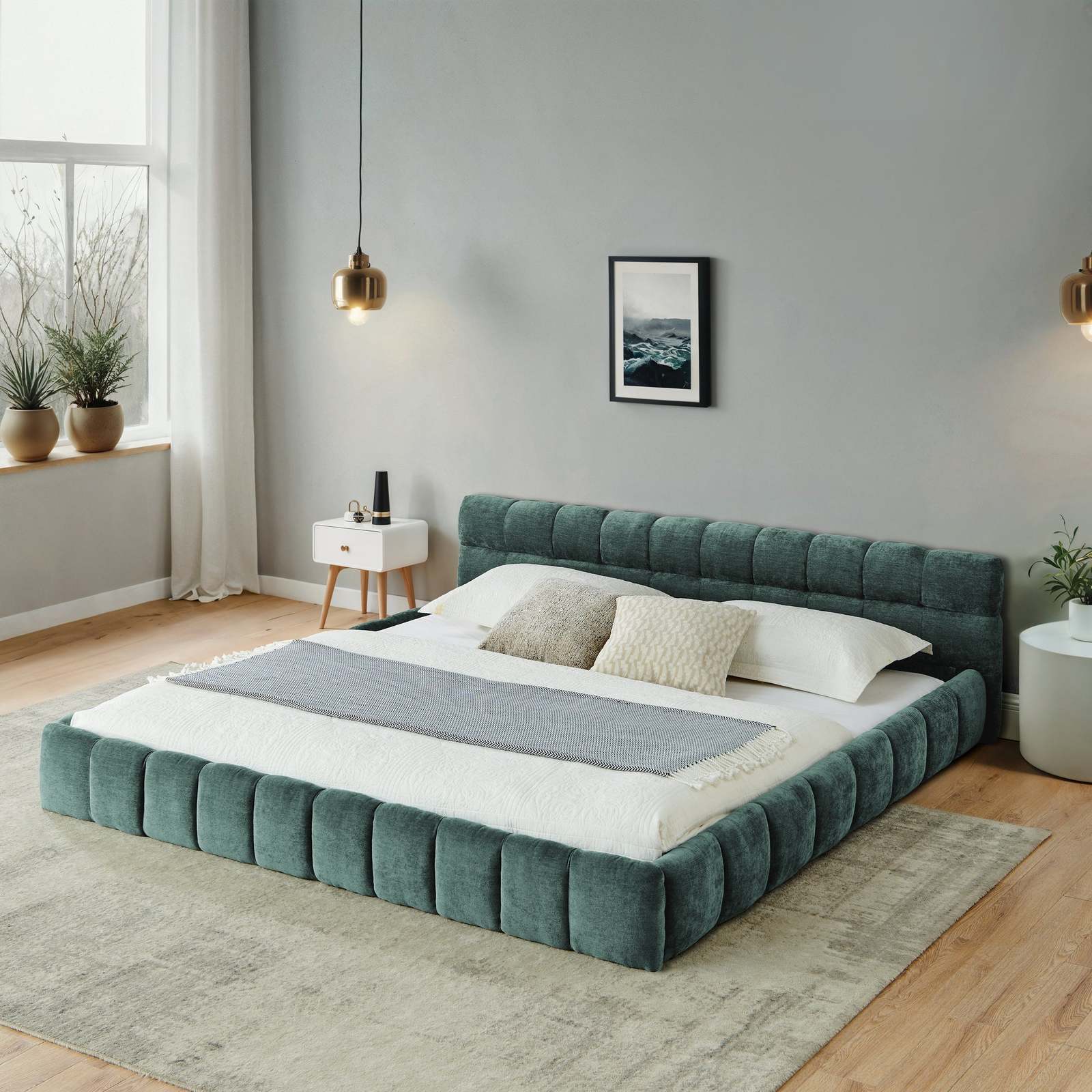 California King Chenille Platform Bed - No Box Spring - Blue Green Item image 3