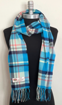 100% CASHMERE SCARF Wrap Plaid Turquoise/Jade/Navy/Orange Made in England #B - £7.58 GBP