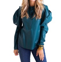 Karlie faux leather puff sleeve top in TEAL - $61.00