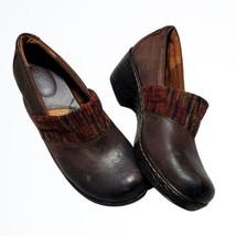 Born BOC Brown Leather Mules With Cloth Upper Detailing Heeled Size 11M - £38.20 GBP