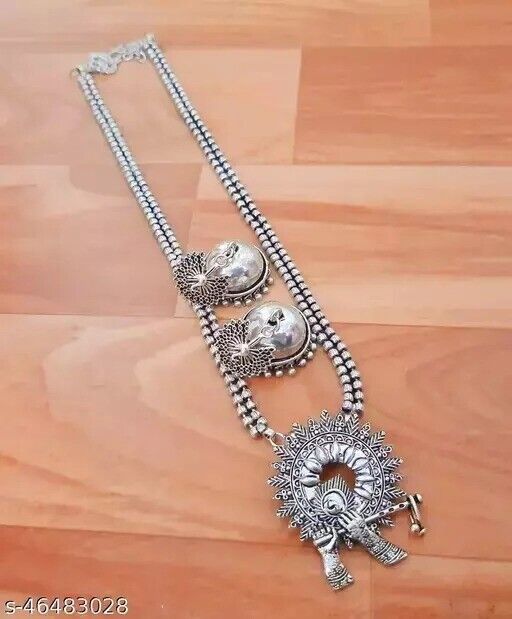 Silver Oxidized Asian Women Necklace Set Boho Fashion Jewelry Wedding Gift - $28.86