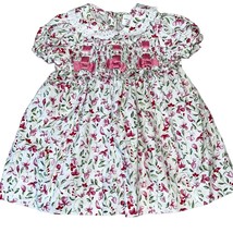 Dainty Floral Smocked Collared Dress Ribbons Satin Lace RN 16954 Vintage... - £26.92 GBP