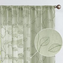 Lazzzy Sage Sheer Curtains Leaf Embroidered 54 Inchfor Living Room Bedroom Rod - £28.46 GBP