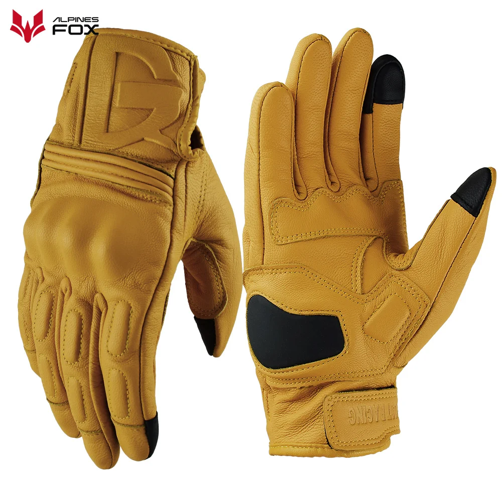 2023 New Motorcycle Leather Gloves Retro Yellow Full Finger Guantes Moto... - £37.25 GBP