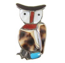 VTG Sterling Silver Owl Brooch Pendant Zuni Turquoise  Native American Shell 925 - £45.89 GBP