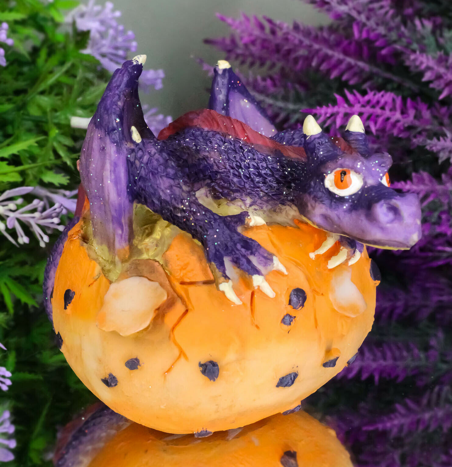 Small Sparkly Purple Whimsical Dragon Baby Emerging From Spotted Egg Fig... - $17.99