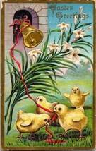 1909 Postcard Embossed Easter Greetings Chicks Pulling Red Ribbon Ringing Bell - £15.78 GBP