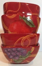 S/4 Bright Red Hand-Painted Soup Cereal Bowls Apple & Grapes Geometric Design - £23.34 GBP
