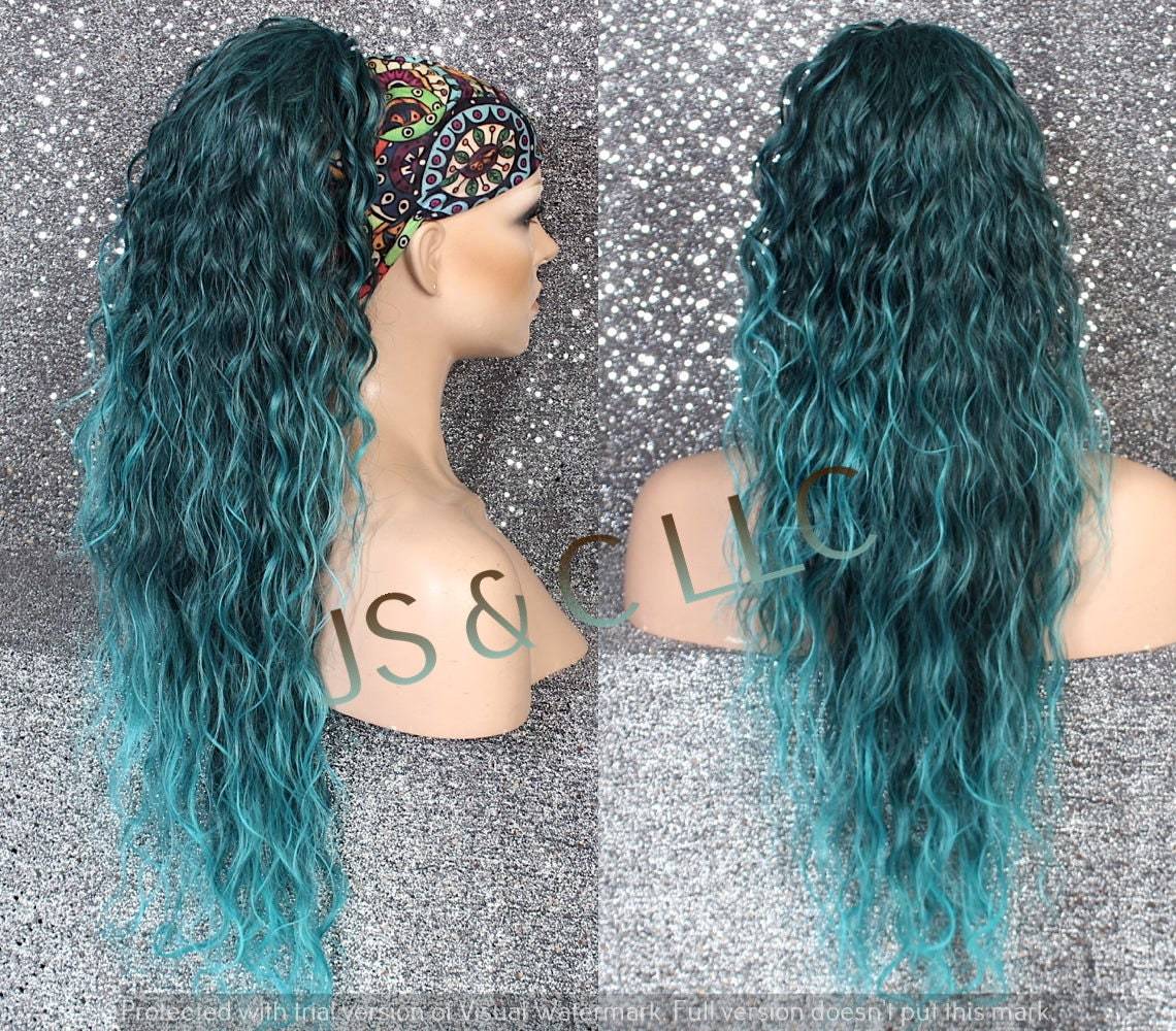 Aqua Blue Green Human Hair Blend PONYTAIL Hair piece Drawstring extra lo... - $49.95