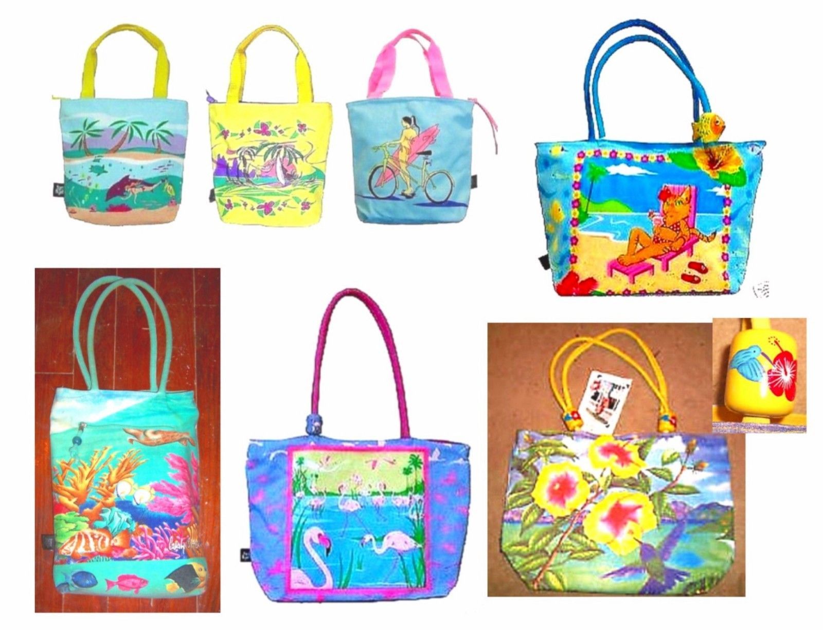 Waterproof Canvas Tropical Theme Beach Bag Hibiscus Sea Turtle Flamingo Scuba