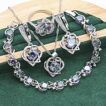 Heart Shaped 925 Silver Jewelry Sets For Women Multicolour Topaz Bracelet Earrin - £23.44 GBP
