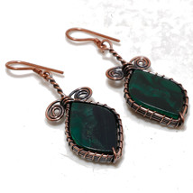 Malachite Gemstone Copper Wire Wrap Drop Dangle Earrings Jewelry 2.20&quot; SA 37 - £3.94 GBP