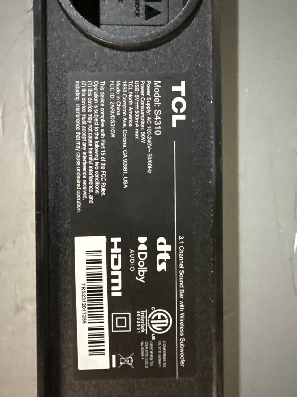 TCL S4310 Soundbar 3.1 Channel Built in Subwoofer Bluetooth Dolby Audio DTS 50W Item image 7