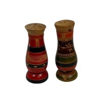 Vintage salt and pepper shakers Wood Hand Painted Folk Art Retro Kitchen... - $23.36