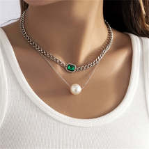 Green Crystal &amp; Pearl Silver-Plated Curb-Chain Necklace Set - £11.98 GBP