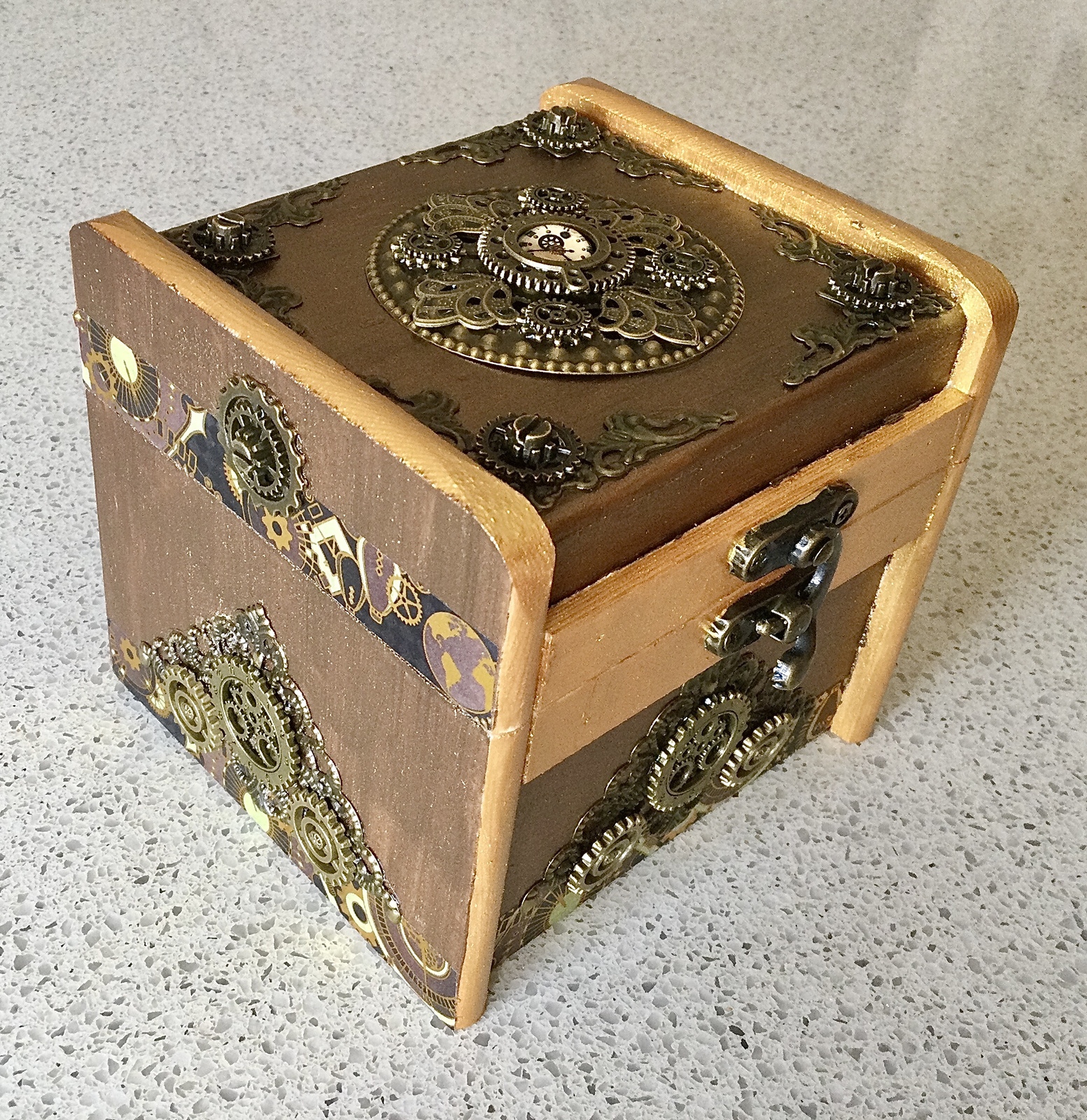 Gold and Bronze Steampunk Gears Style Wooden Trinket Box - $10.50