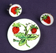 Mid Century Enameled Copper Jewelry Set Strawberries Clip on Earrings Br... - £39.56 GBP