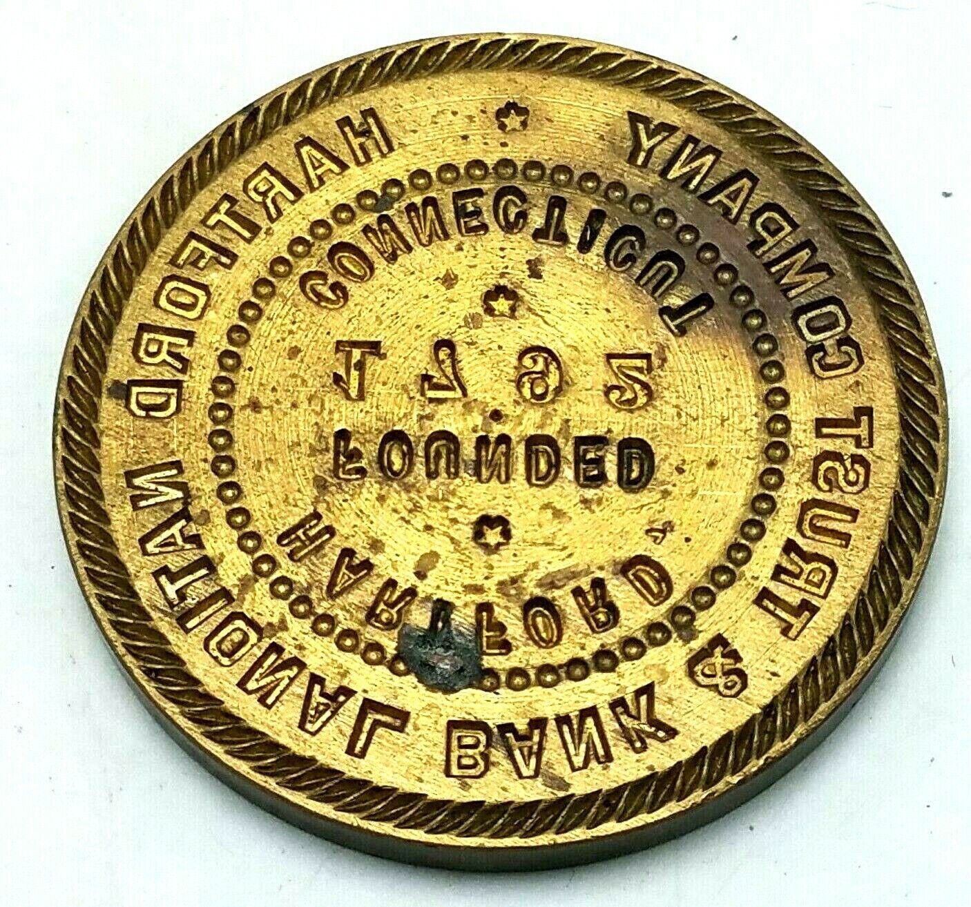 Antique Vintage Brass Hartford National Bank &amp; Trust Company Metal Die 2&quot;D - $10.84