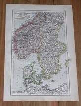 1910 Original Antique Map Of Scandinavia / Southern Norway Sweden Denmark - $24.22