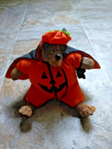 Russ 5&quot; Bumpkin Pumpkin Stuffed Resin Bear w/ Cape Halloween Bear Decora... - £7.23 GBP