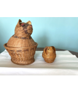 2 Vtg Animal Cat Dog Chicken Baskets w Lids wicker  containers Easter - $27.01 CAD