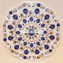 15&quot; White Marble Serving Plate Lapis Lazuli Precious Inlay Floral Decor Gifts - £708.53 GBP