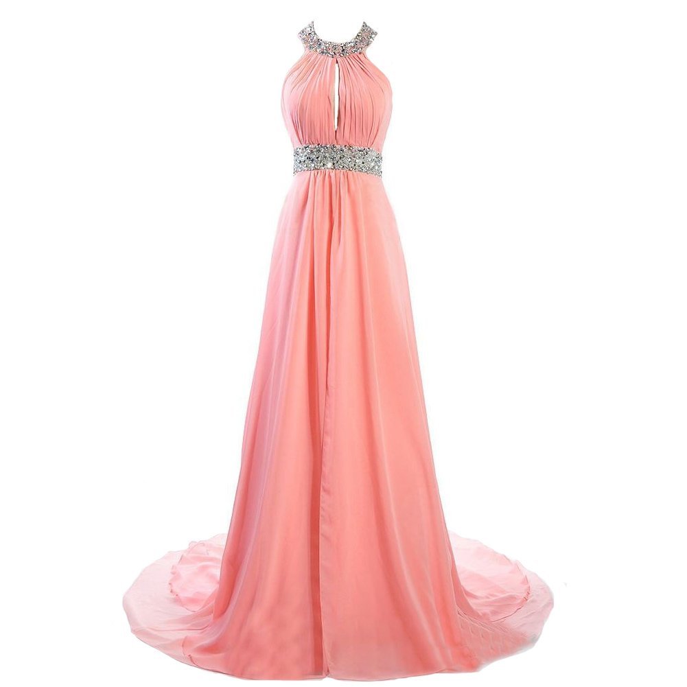 Kivary Women's Halter Beaded A Line 2 Layers Chiffon Front Slit Prom Evening Par