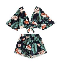 Casual Two Piece Set Women Botanical Print Summer V Collar Top Shorts Be... - £23.59 GBP
