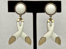 Vintage Monet White Enamel and Gold Tone Ribbon Earrings Clip On Dangle 50s 60s - £11.49 GBP